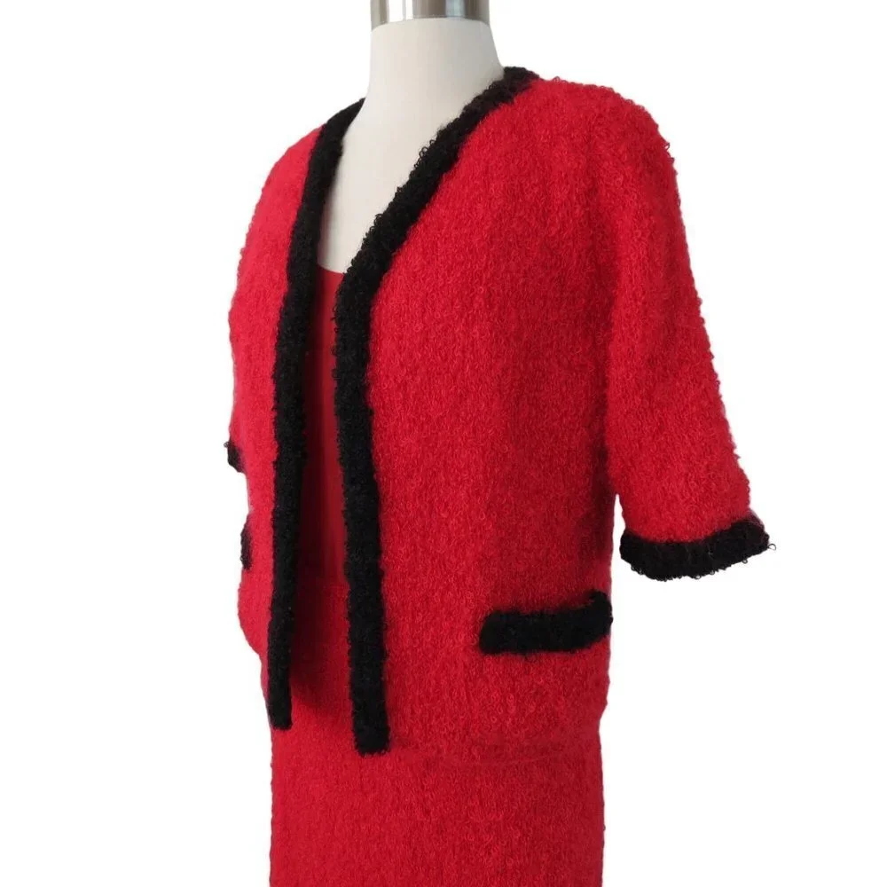 VINTAGE Women's Red & Black Fuzzy Boucle Suit with Dress & Boxy Jacket S-M